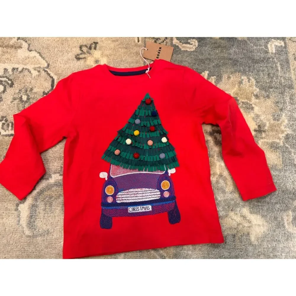 Mini Boden super stich Christmas Tree Appliqué long Sleeve Tee Shirt 3-4 Years